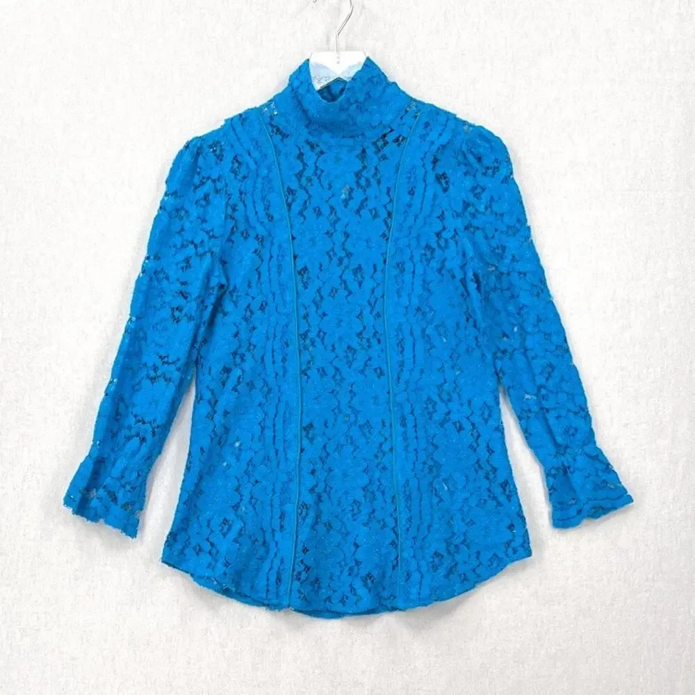 SMYTHE Scalloped Lace Mockneck Top Womens Extra Small Prussian Blue Floral